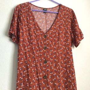 burnt orange floral button front dress
